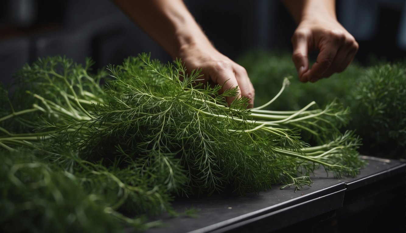 Dill plants being cut and bundled, then stored in a dry, dark place for propagation