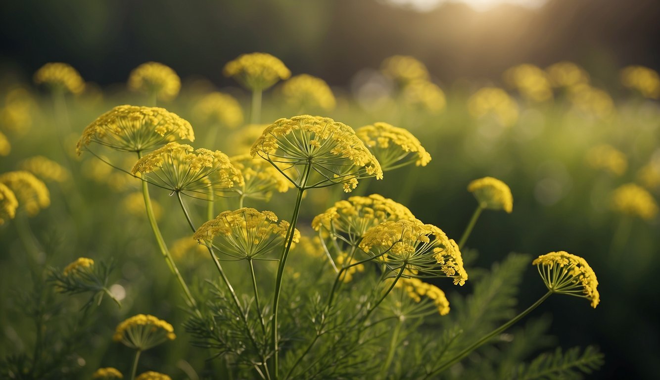 Lush dill plants sway in the gentle breeze, bathed in warm sunlight. Tiny yellow flowers adorn the delicate green foliage, signaling the peak of the growing season