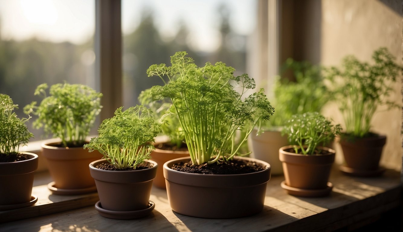Lush dill plant surrounded by small pots, each with a sprouting dill seedling. Sunlight filters through a nearby window, casting a warm glow on the scene