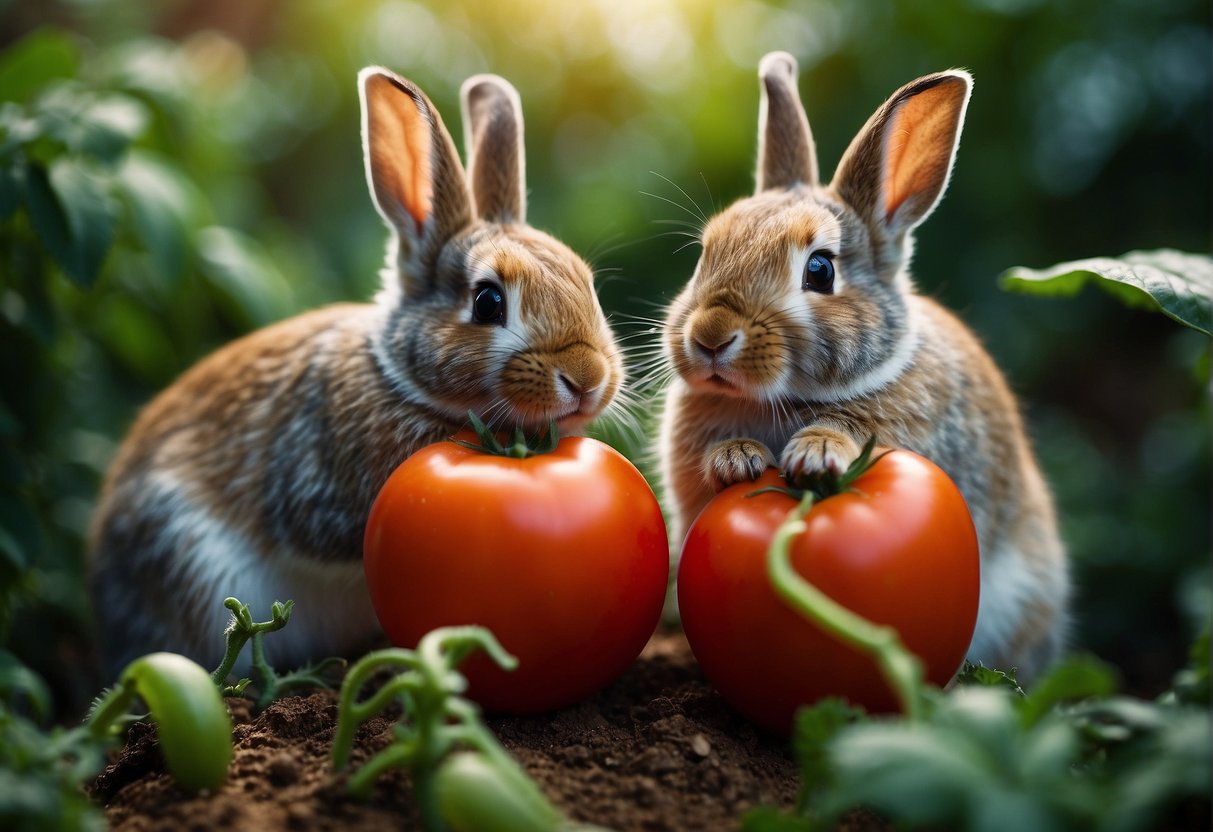 Bunnies nibble on ripe tomatoes in a lush garden