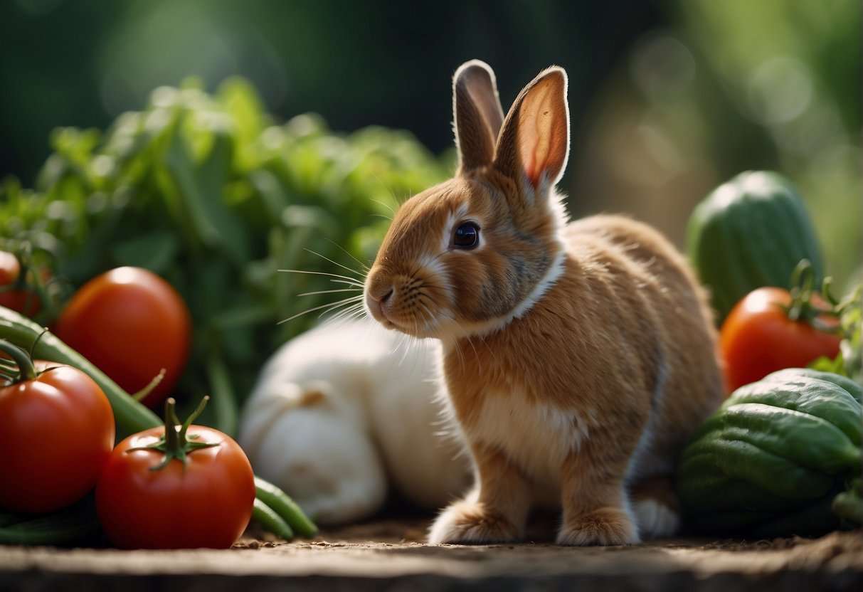 Bunnies surrounded by fresh vegetables, with a ripe tomato in front of them. They seem curious but cautious about the unfamiliar food