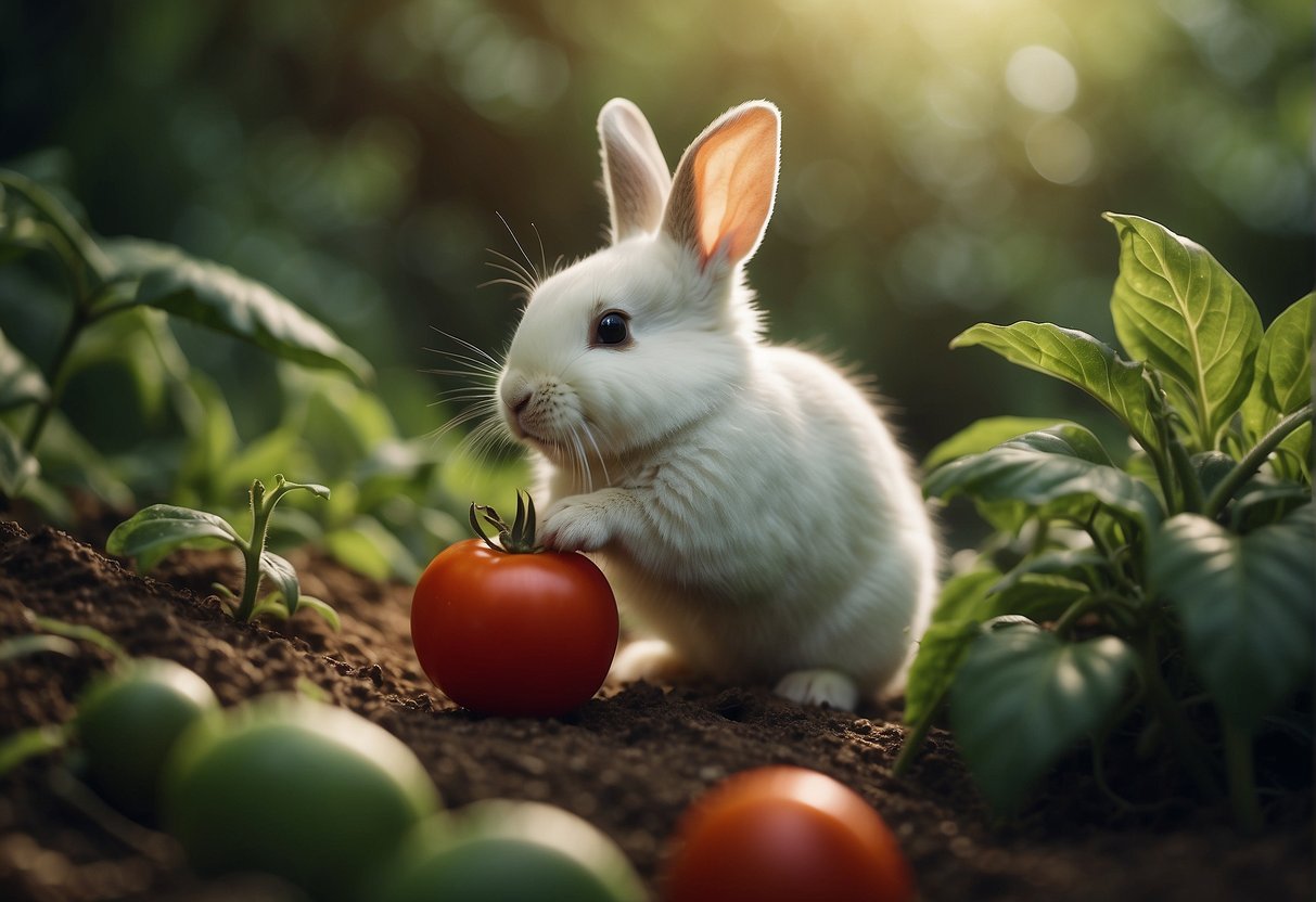 A cute bunny cautiously sniffing a ripe tomato, surrounded by lush greenery