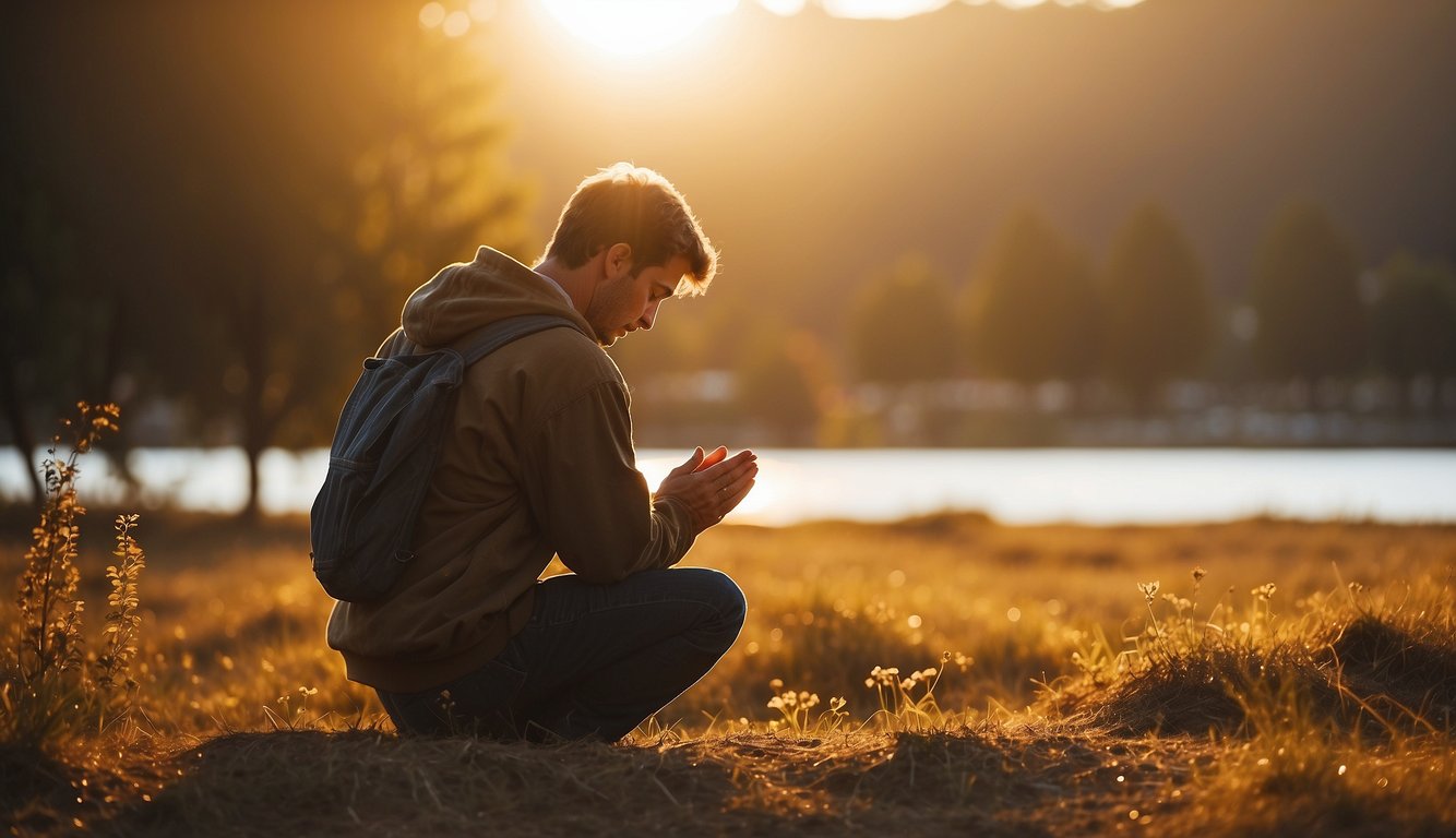 A figure kneels in prayer, surrounded by a warm, golden light. They are enveloped in a sense of peace and connection, symbolizing a strong spiritual relationship with God