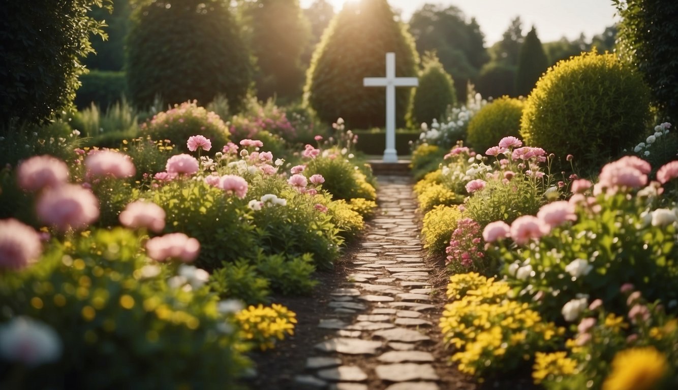 A serene garden with a winding path leading to a glowing cross, surrounded by blooming flowers and a peaceful atmosphere