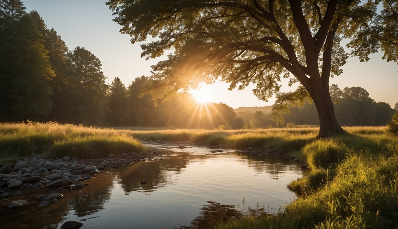 A serene landscape with a glowing sunrise, a peaceful stream, and a towering tree, symbolizing spiritual growth and inner strength for a Christian