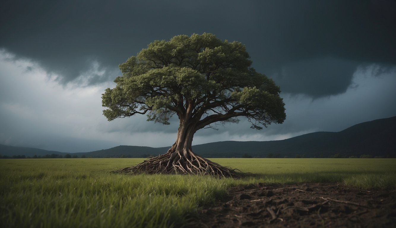A lone tree stands tall amidst a storm, its roots firmly anchored in the ground. The wind and rain batter its branches, but it stands strong, a symbol of spiritual strength and resilience