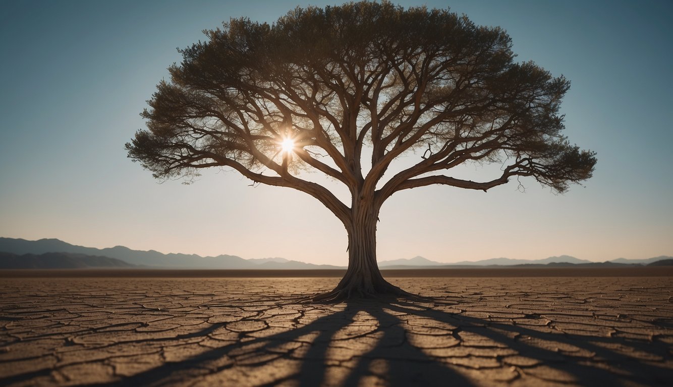 A lone tree stands tall amidst a barren landscape, its roots firmly anchored in the ground. The tree's branches reach out confidently, symbolizing self-belief and resilience