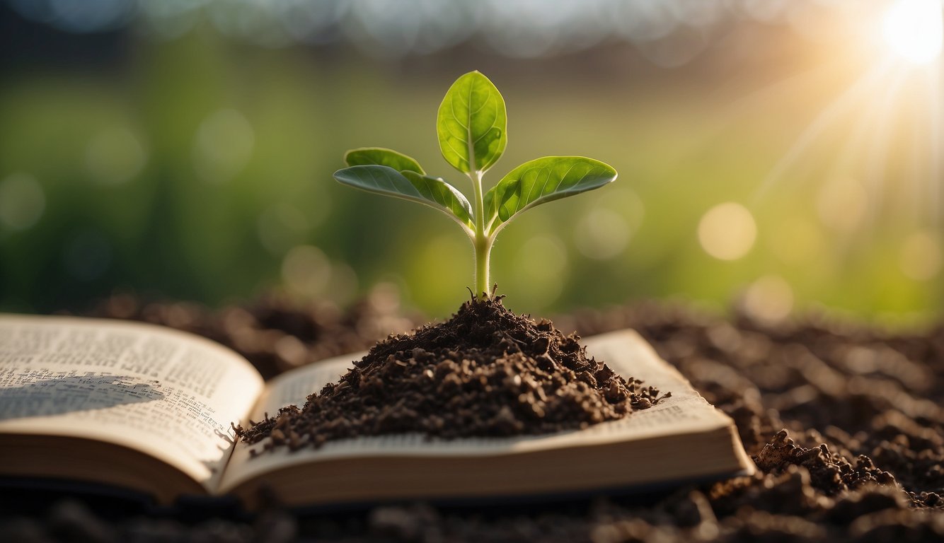 A sprouting seedling breaking through the soil, reaching towards the sunlight, surrounded by books on personal development and positive affirmations