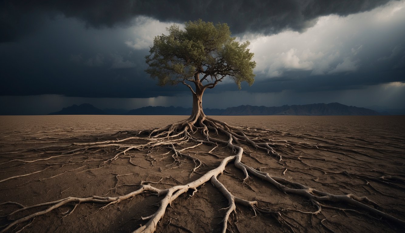 A lone tree stands tall in a barren landscape, its roots digging deep into the rocky ground. Dark storm clouds loom overhead, but the tree remains steadfast, symbolizing resilience and perseverance