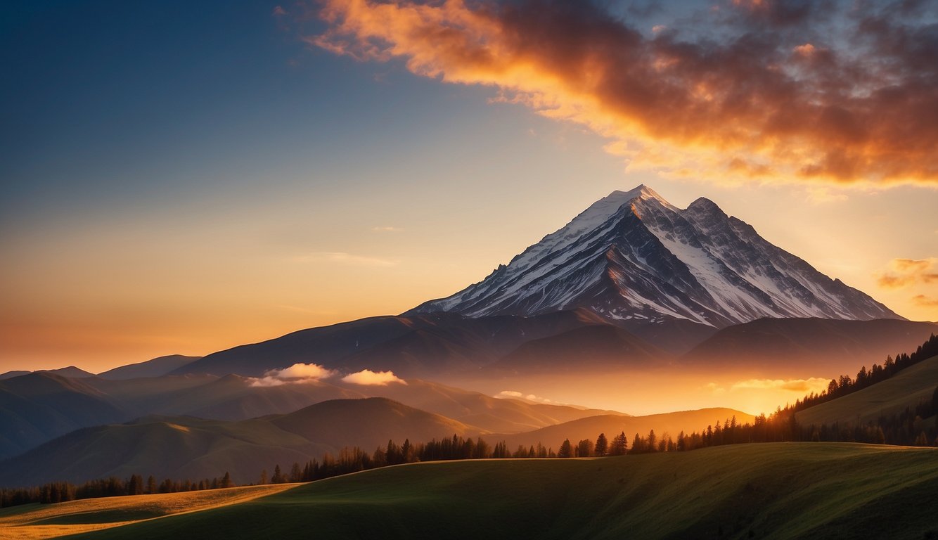 A mountain peak stands tall against a vibrant sunrise, symbolizing the journey of setting and achieving goals. The image exudes determination and self-belief