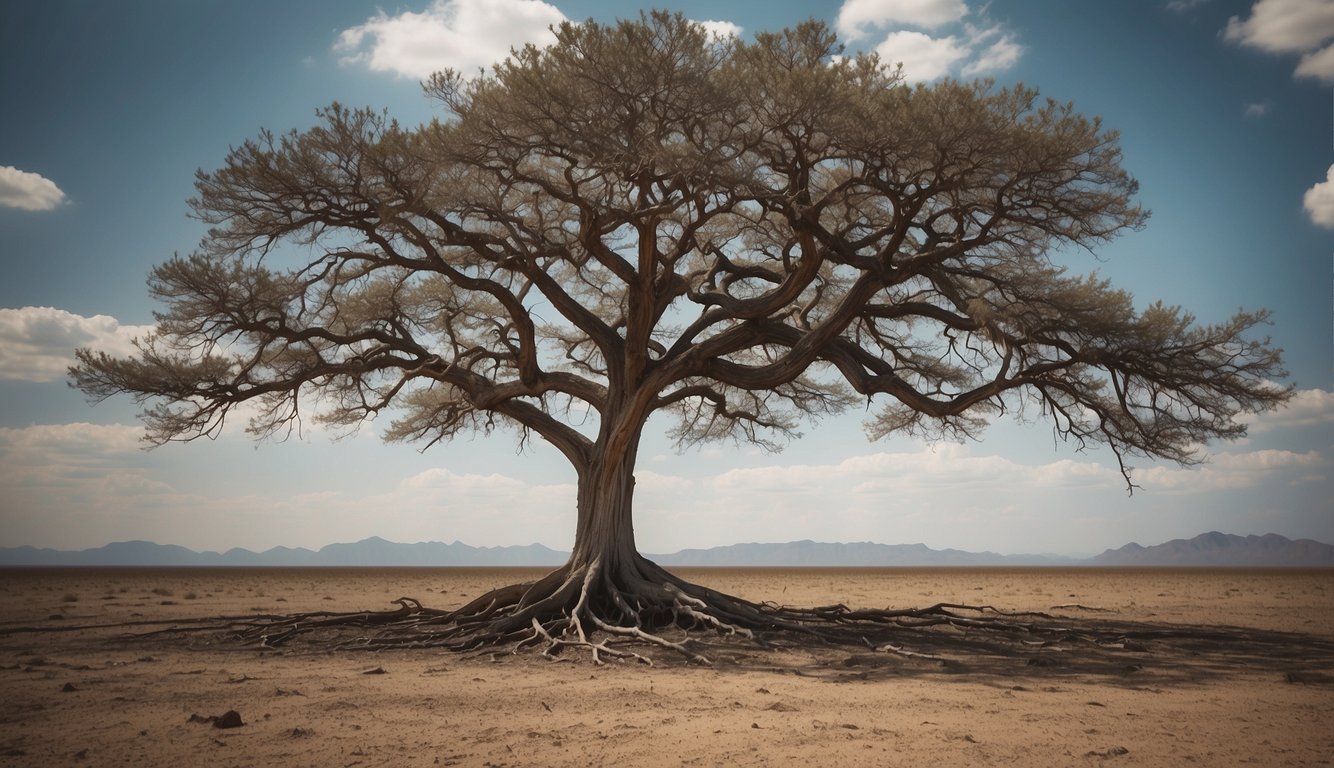A lone tree stands tall amidst a barren landscape, its roots intertwined with a network of support systems, symbolizing resilience and self-belief