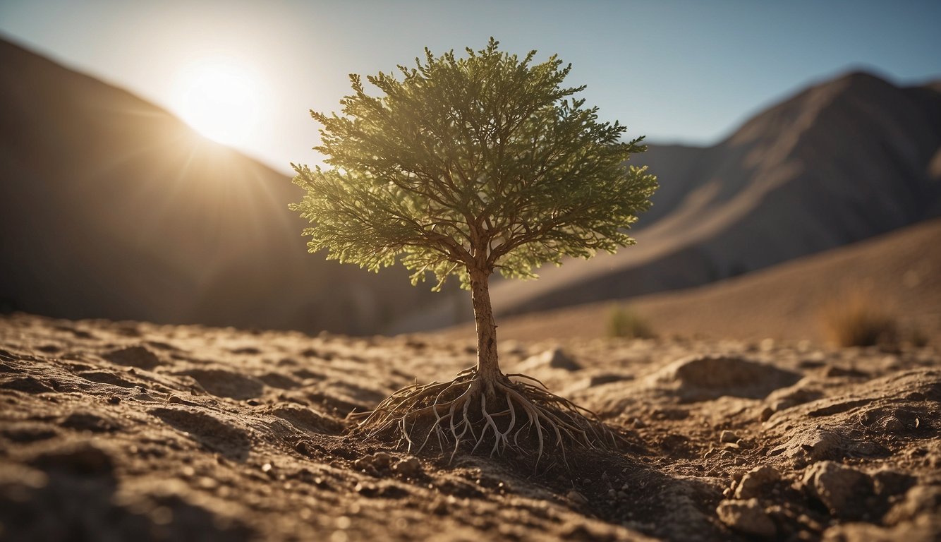 A lone tree grows tall amidst barren land, reaching towards the sun. Its roots dig deep, symbolizing resilience and growth despite adversity