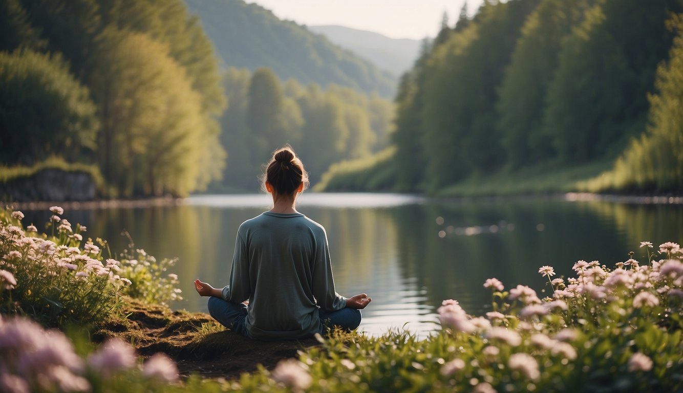 A serene landscape with a person meditating in a peaceful setting, surrounded by nature and calming elements like water or flowers