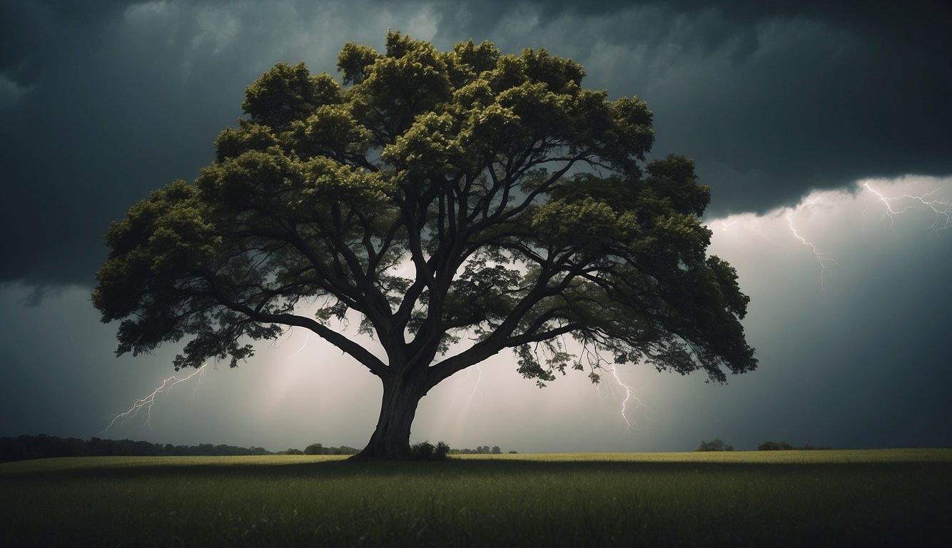 A lone tree stands tall amidst a storm, its branches bending but not breaking. The dark clouds loom overhead, but a ray of sunlight breaks through, illuminating the tree's resilience