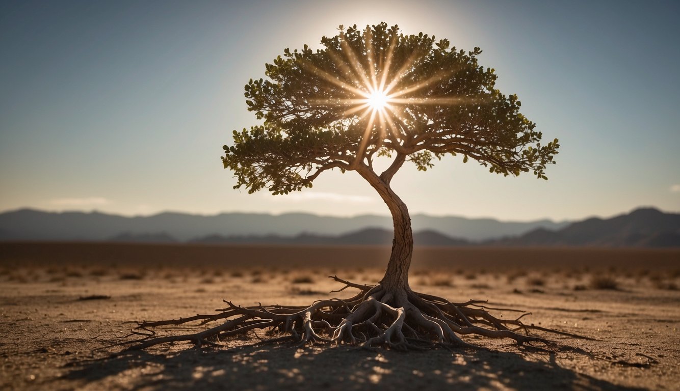 A lone tree stands tall in a barren landscape, its roots firmly grounded. The sun shines brightly overhead, casting a warm glow on the tree's leaves, symbolizing resilience and unwavering commitment
