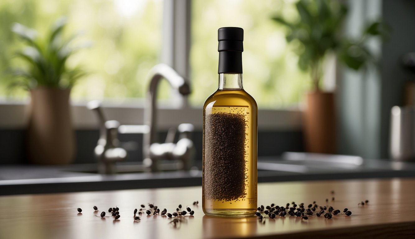 A bottle of vinegar sits on a kitchen counter, surrounded by a trail of ants. The ants are seen avoiding the area around the vinegar, suggesting its repellent properties