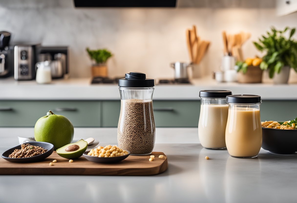 A kitchen counter with keto diet foods and protein shake ingredients