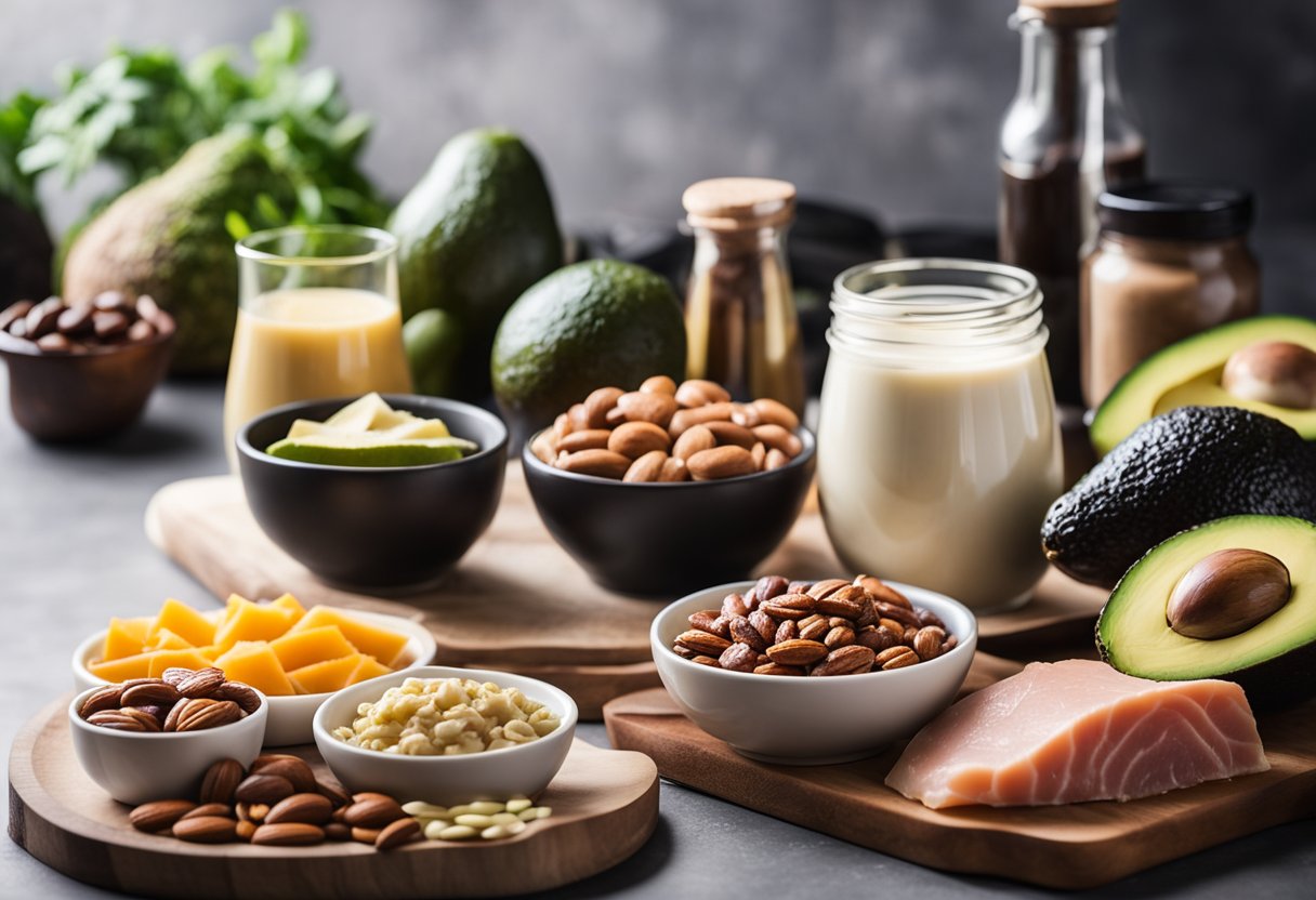 A table with a variety of keto-friendly foods, including protein shakes, avocados, nuts, and lean meats. A book on the fundamentals of the keto diet is open nearby