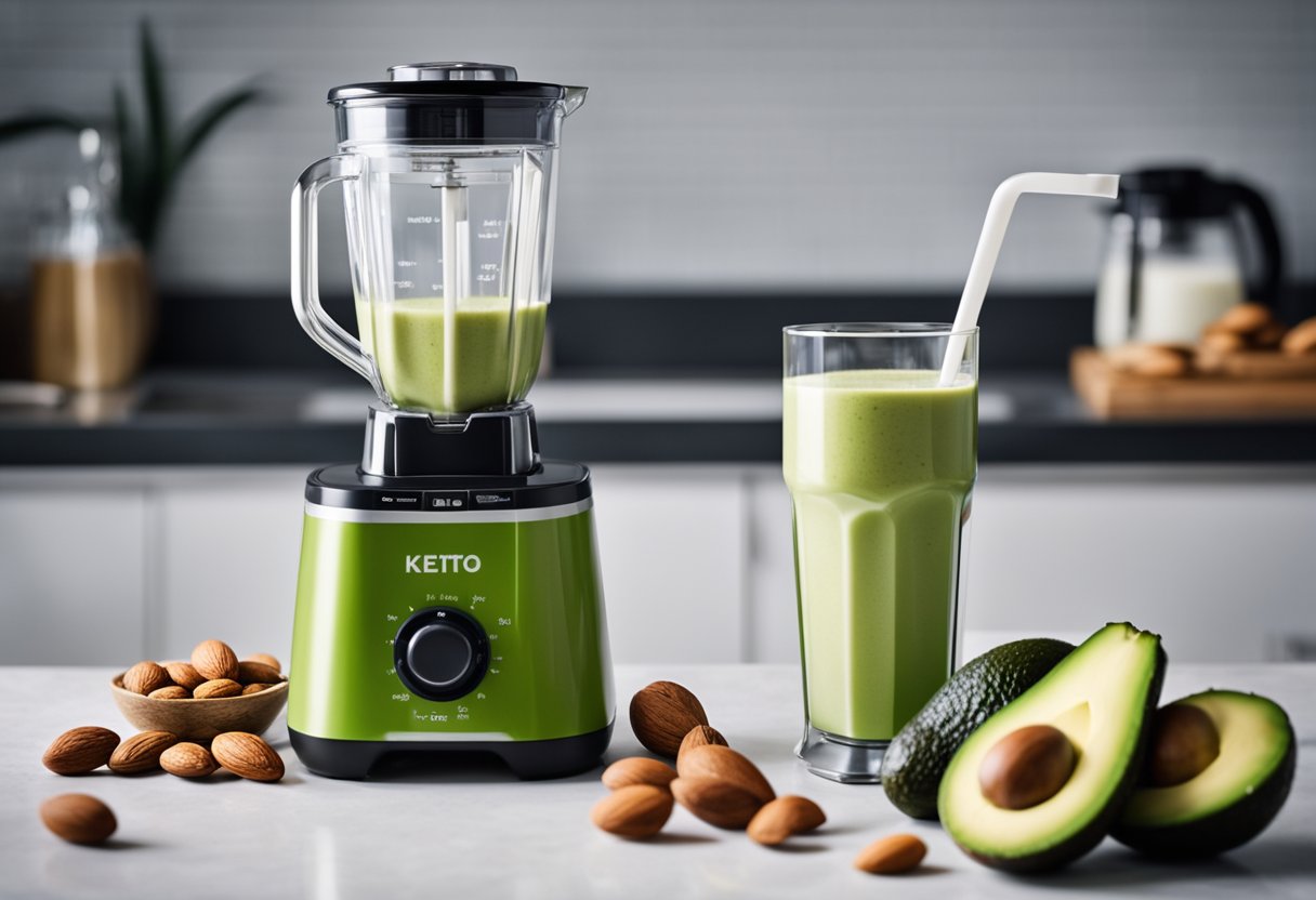 A blender mixes almond milk, avocado, and protein powder for a keto shake. Ingredients sit on a countertop next to a measuring cup and spoon