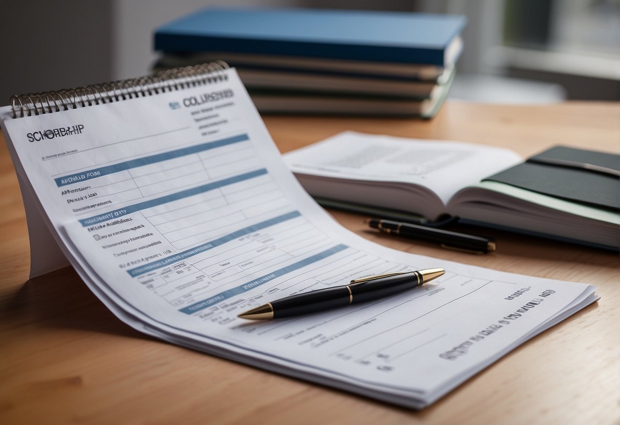 A stack of scholarship application forms for 2024, with a pen and a calendar nearby