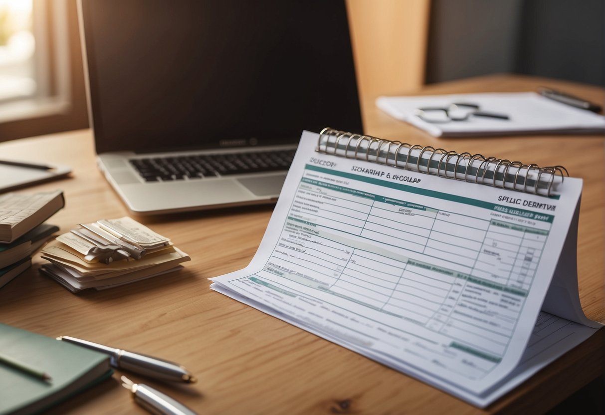 A desk cluttered with scholarship application forms and a calendar marked with 2024 deadlines. A laptop displaying a list of scholarship types