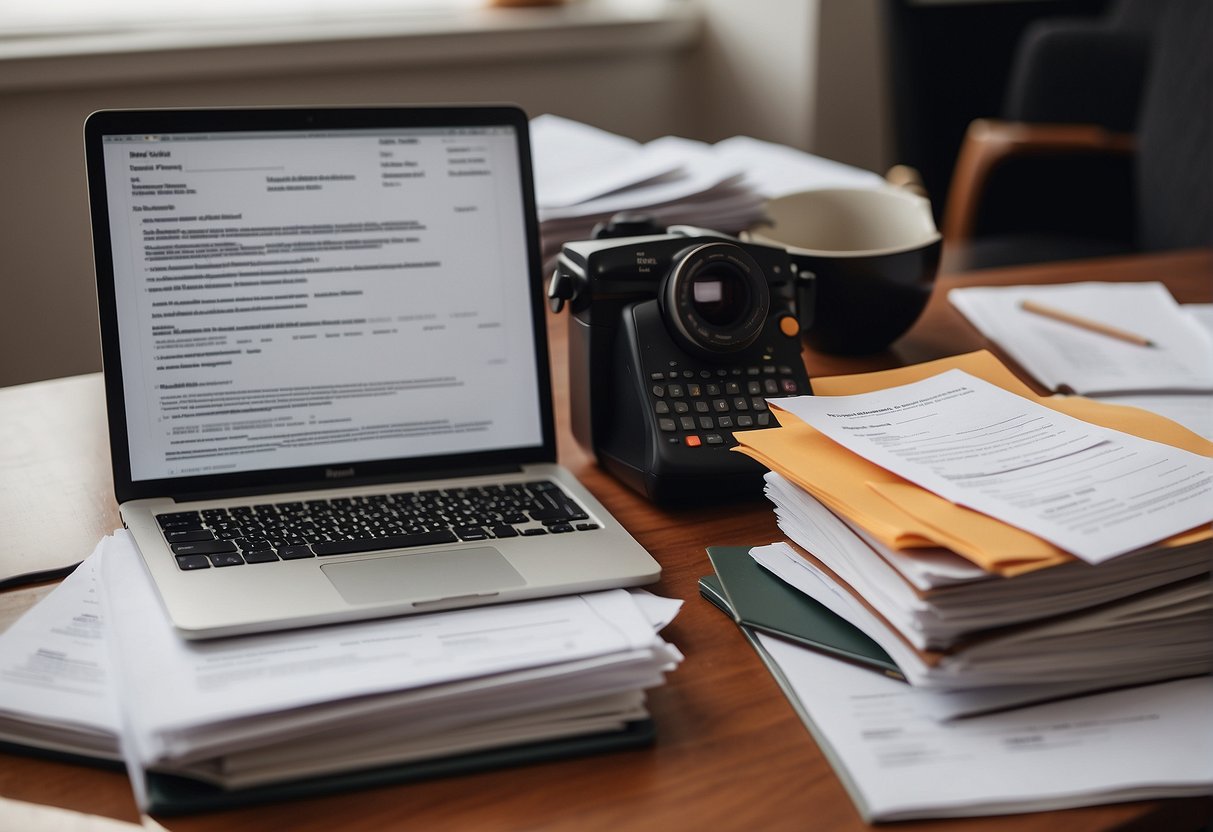 A desk cluttered with scholarship application forms, a laptop open to a list of upcoming 2024 deadlines, and a stack of reference letters