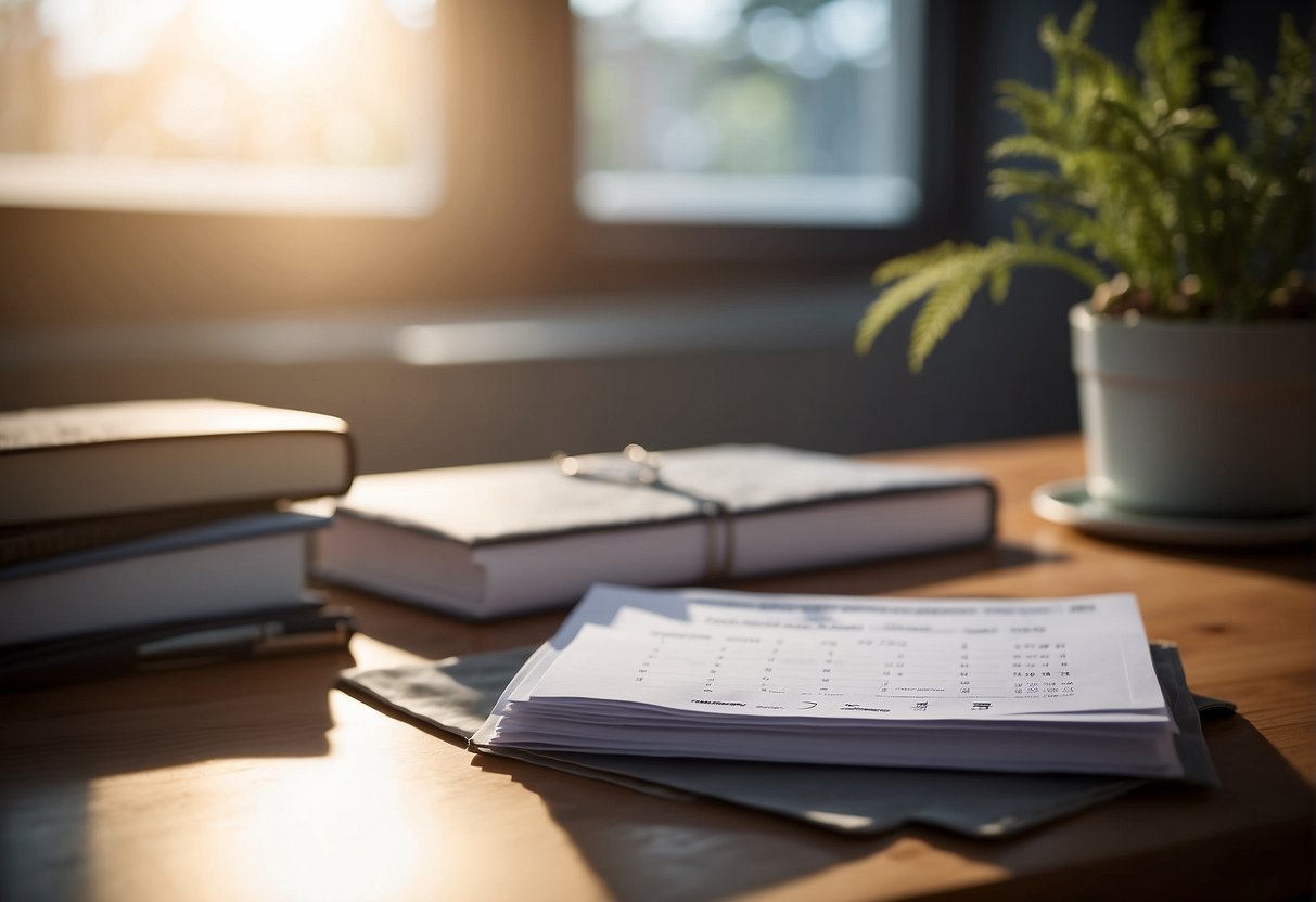 A stack of scholarship applications on a desk, with a calendar showing the year 2024 in the background. A spotlight shines on the applications, indicating their importance