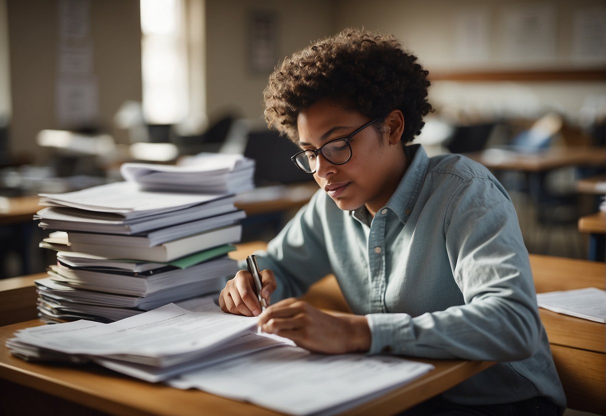 A student sits at a desk, surrounded by financial planning books and scholarship application forms for 2024. They are diligently filling out forms and researching scholarship opportunities