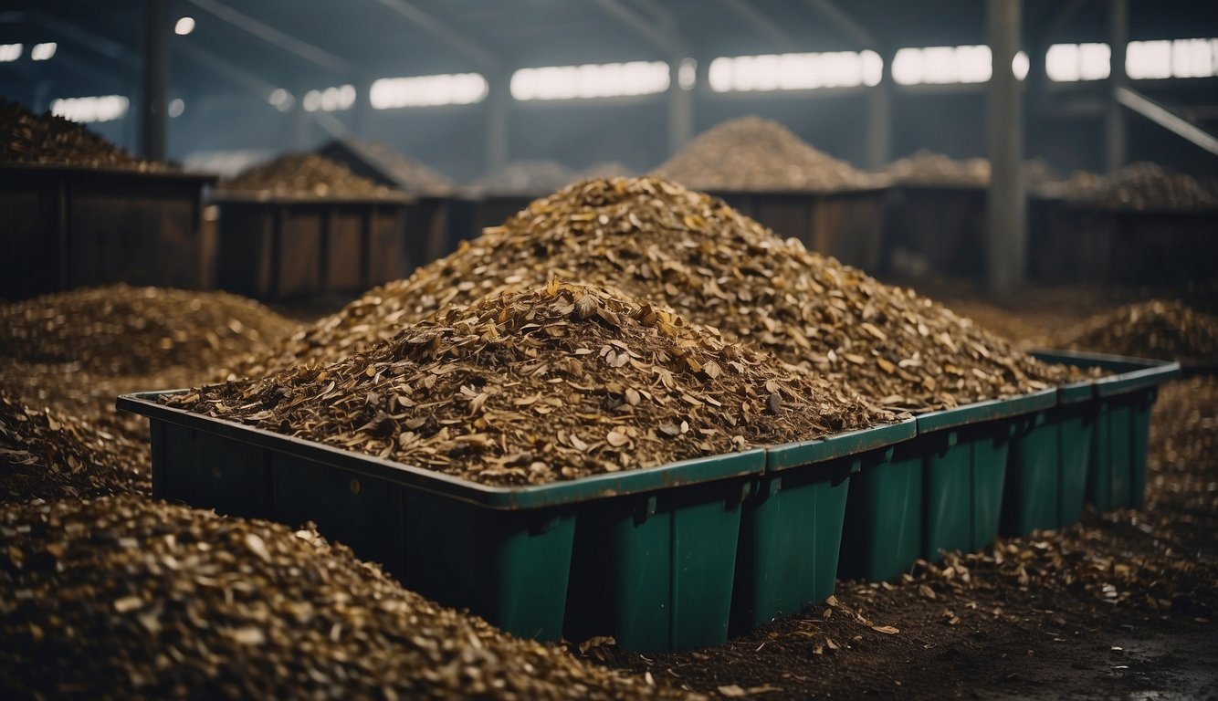 A pile of organic waste surrounded by bokashi fermenting bins emitting a faint, sweet smell. Microorganisms are visibly breaking down the waste, creating nutrient-rich compost