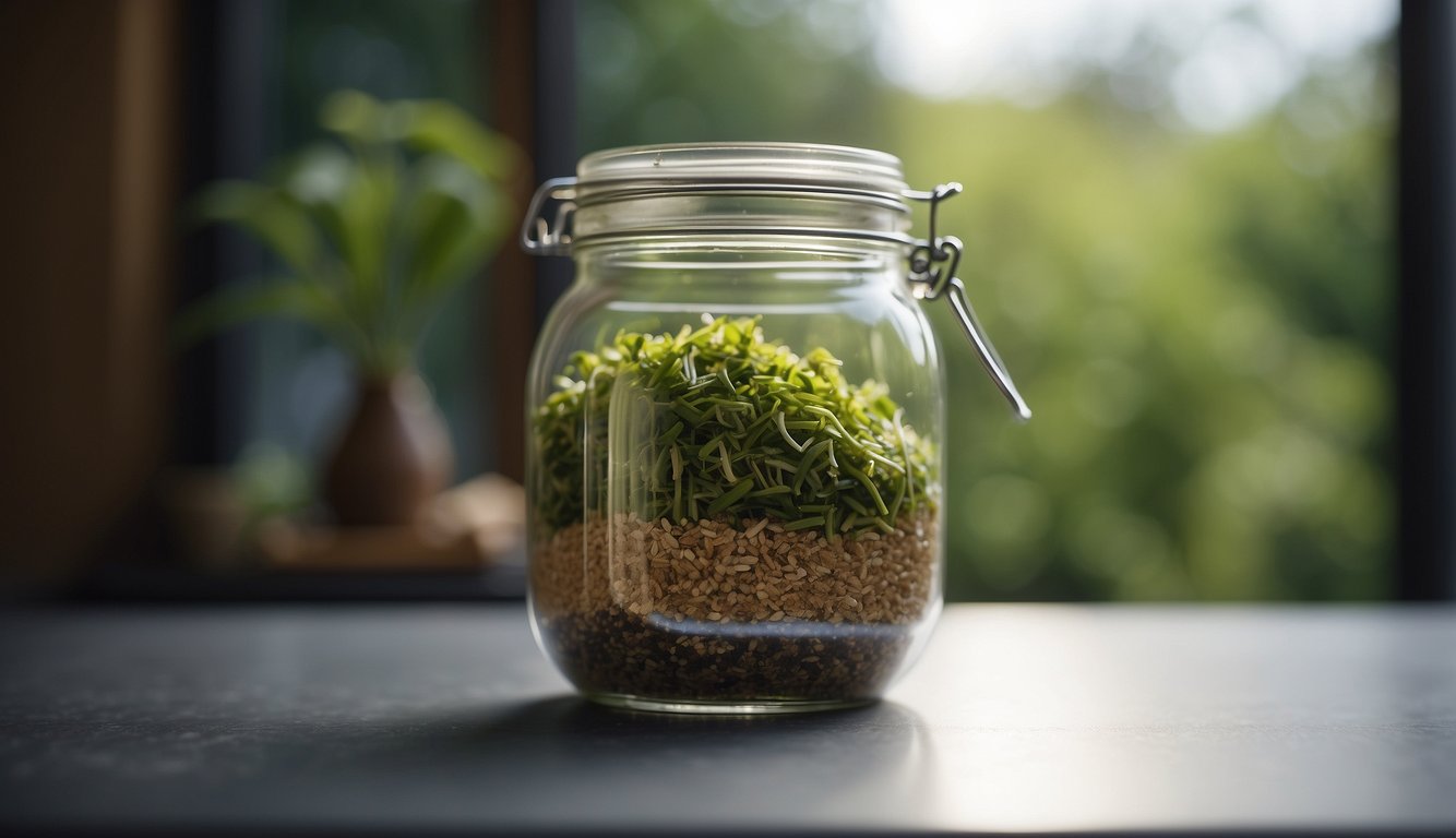 A glass jar filled with organic waste and bokashi bran, sealed with a lid, emitting a faint sour smell