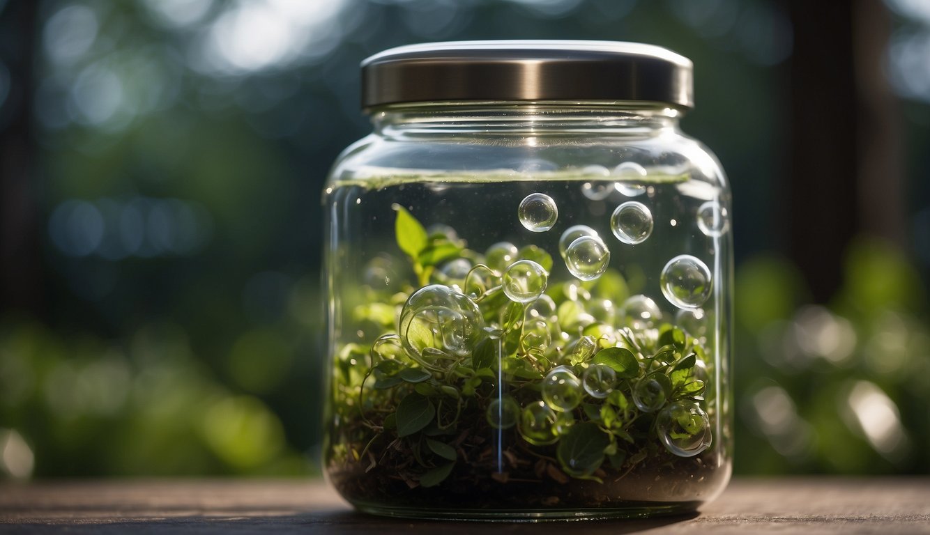 A glass jar filled with organic waste, sealed with a lid, emitting bubbles and a sour smell
