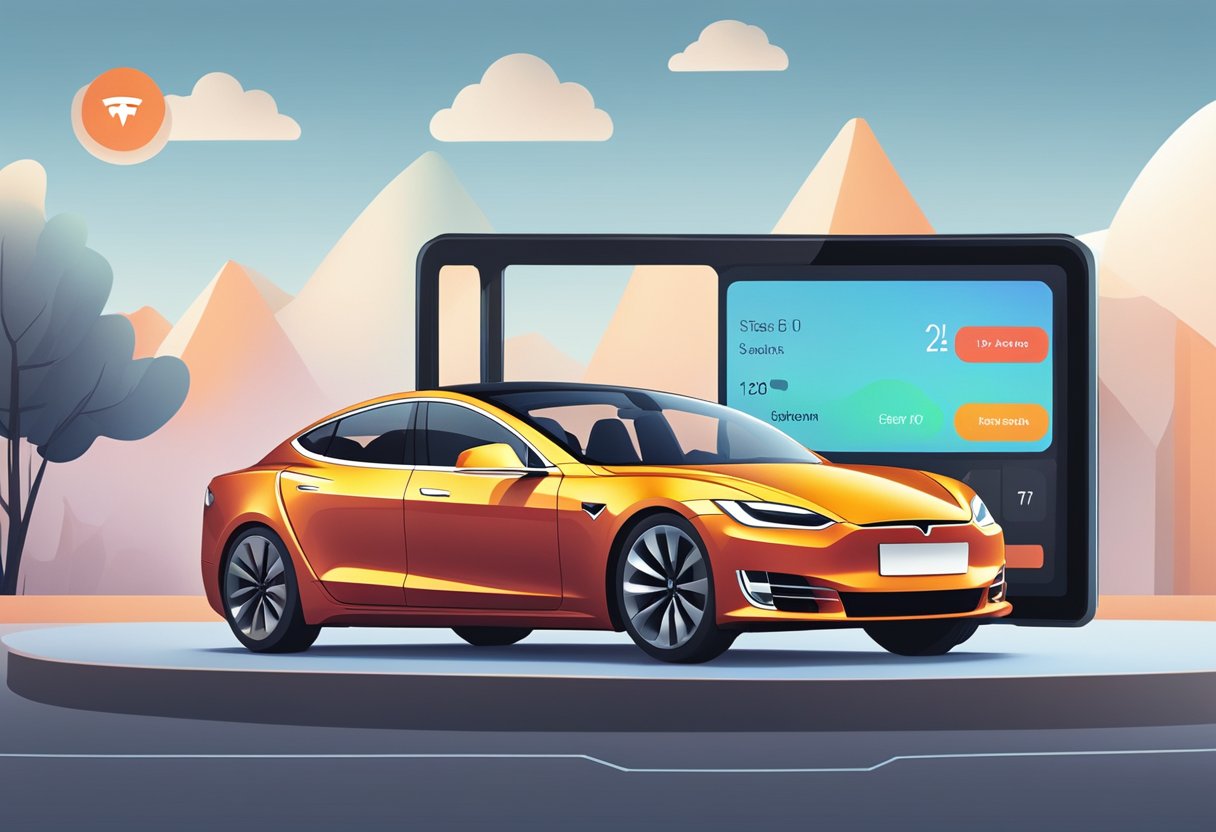 The Tesla app displays a car with a "not updating" status message, showing a connection issue