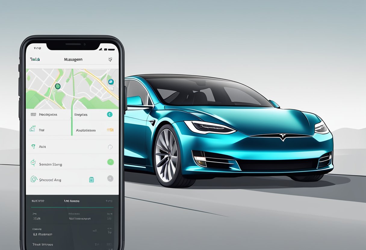 The Tesla app displays "Update Management" with a notification indicating the car status is not updating