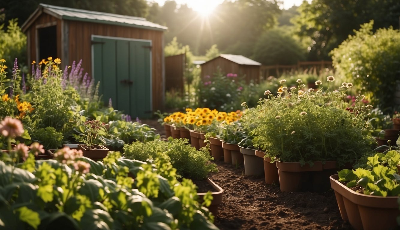 A lush garden with rows of vibrant vegetables, flowers, and herbs. A small shed and compost bins sit in the corner, while bees buzz around the blooming plants