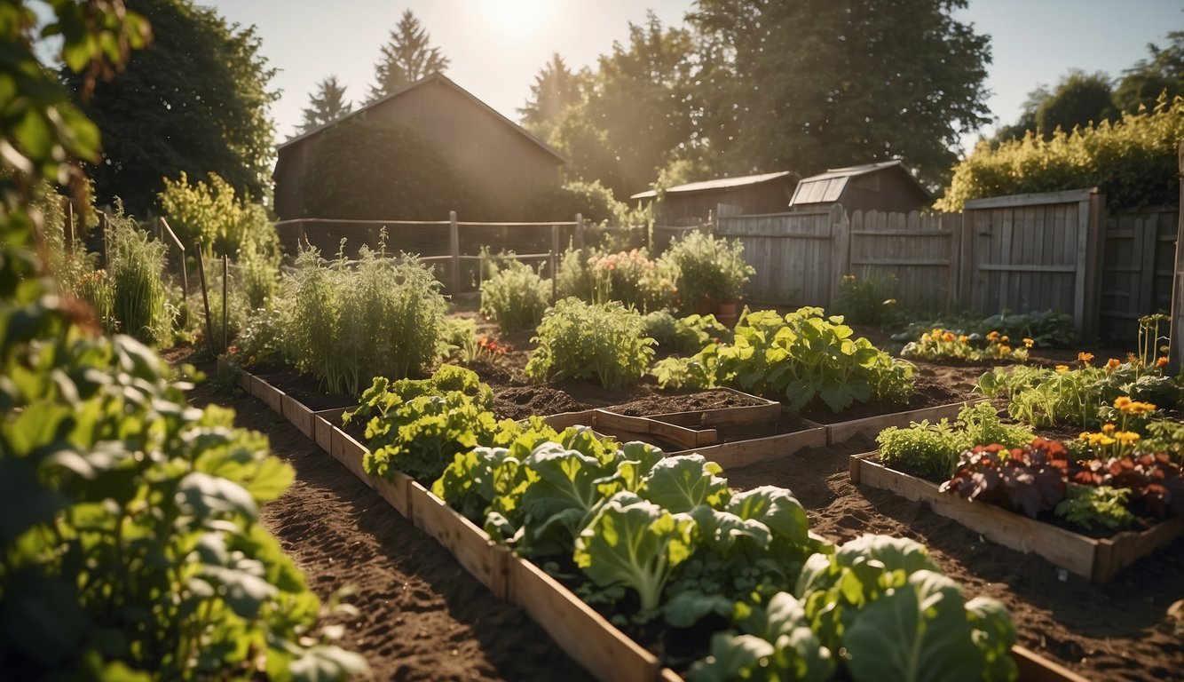 A sunny garden plot with rows of vegetables, herbs, and flowers. A small shed and compost bin sit in the corner. A fence surrounds the garden, with a gate leading to the homestead