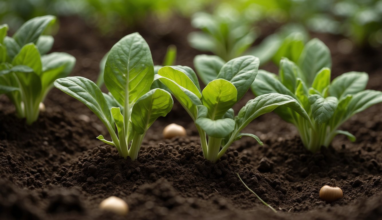 Lush green plants thriving in rich, dark soil, surrounded by healthy, vibrant vegetables and fruits, showcasing the importance of soil quality in homestead gardening