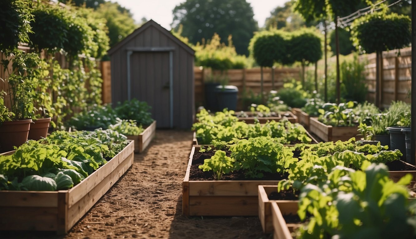 Lush garden with raised beds, compost bins, and trellises. A variety of vegetables, herbs, and flowers grow in organized rows. A small shed and watering cans are nearby
