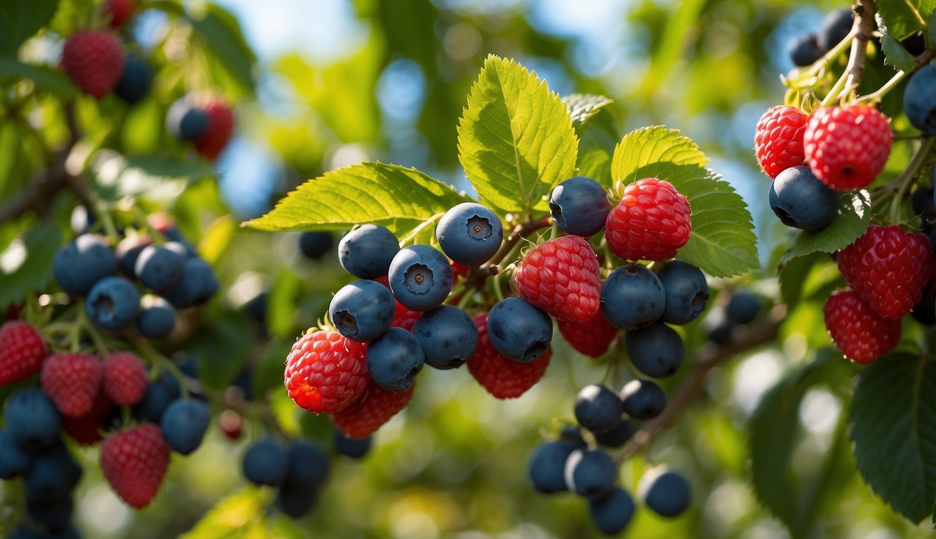 Berry bushes and fruit trees thrive in a lush garden, providing a bountiful harvest. The bushes are heavy with ripe berries, while the trees are laden with colorful fruits
