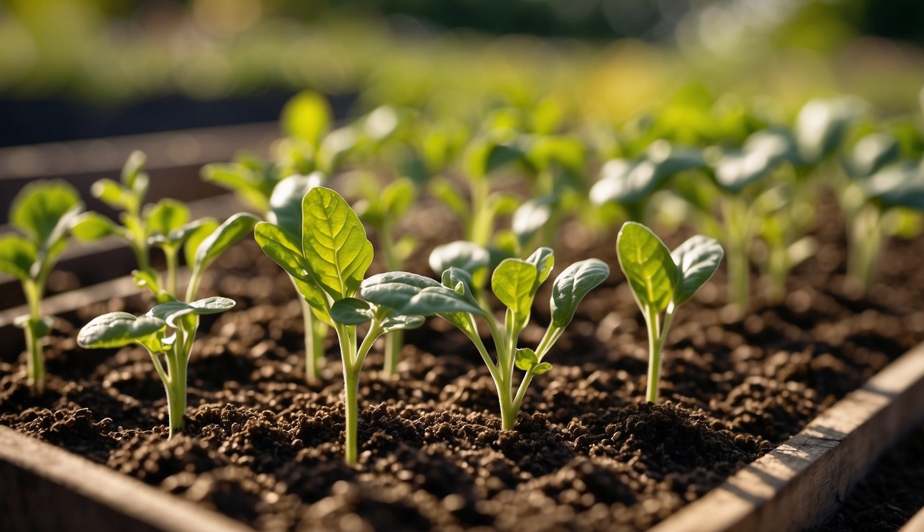 Seeds are carefully chosen and planted in neat rows in a sunny garden. A variety of vegetables and herbs are being sown, with small garden tools and seed packets scattered around