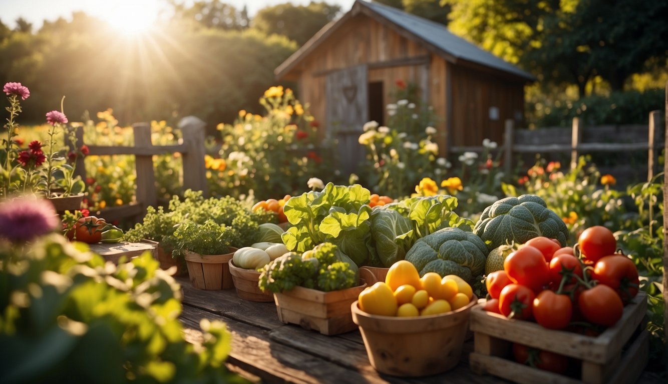 A bountiful garden with ripe vegetables and colorful flowers. A rustic wooden fence surrounds the garden, and a small shed sits in the background. The sun is shining, and birds are chirping in the distance