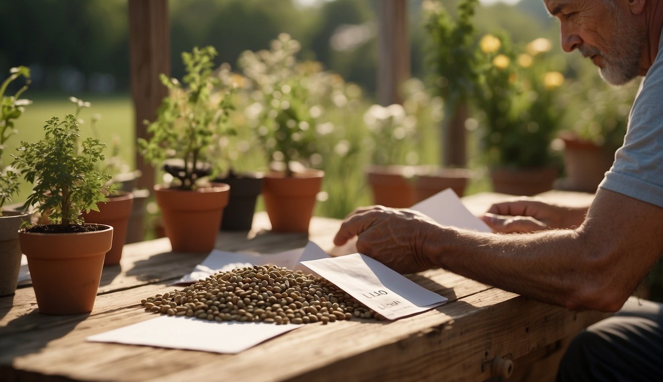 A gardener carefully selects and stores mature seeds in labeled envelopes for future planting. The sun shines down on the rustic wooden table where the seeds are organized