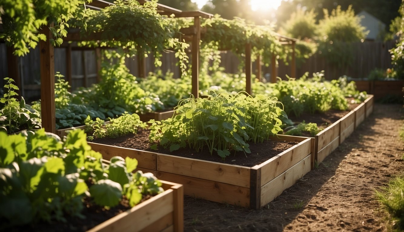 Lush garden with raised beds, trellises, and various vegetables and herbs growing. Sunlight filters through the leaves, creating a peaceful and productive atmosphere