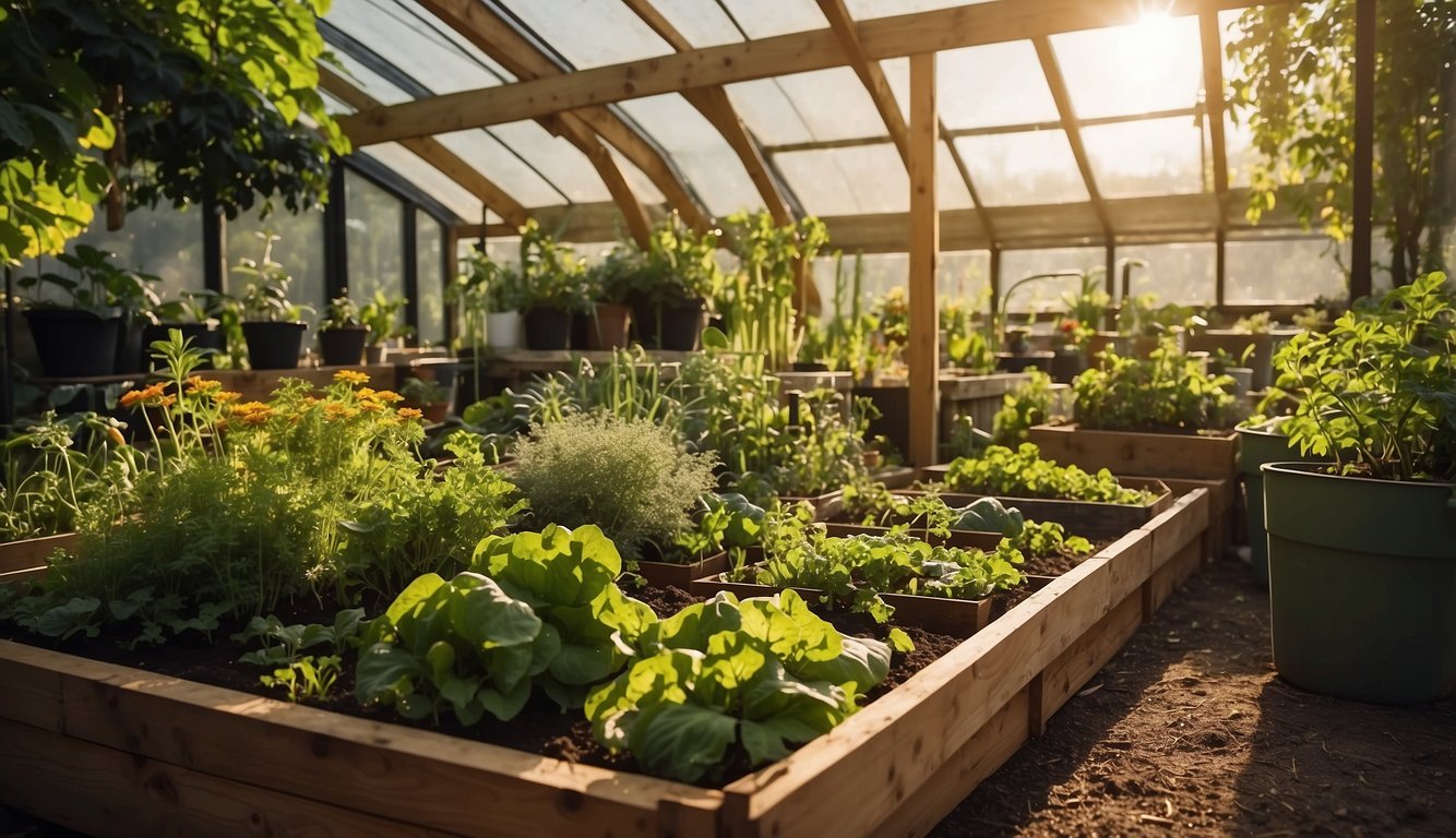 A lush garden with various vegetables and herbs, neatly arranged in raised beds. A small greenhouse sits in the corner, and a compost bin is visible nearby. The sun is shining brightly, and a gentle breeze rustles the leaves