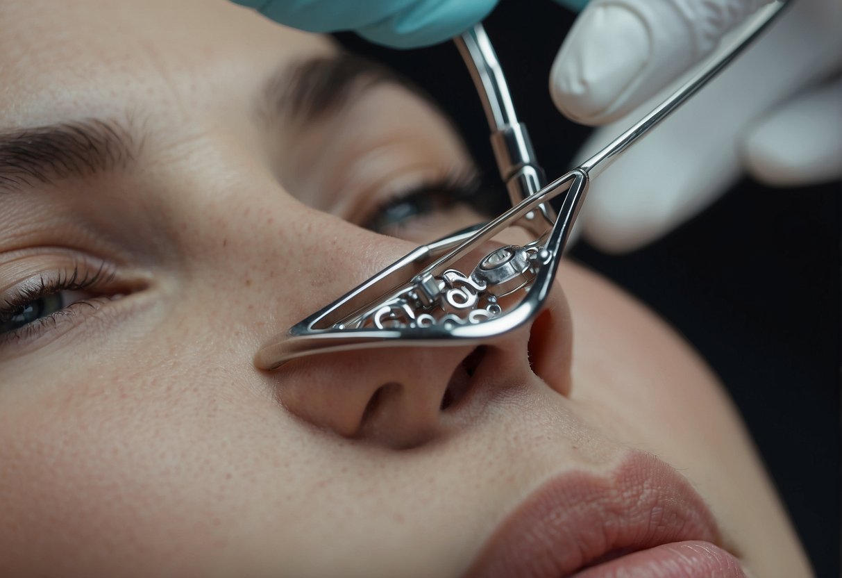 A pair of sterilized forceps gently lifts a dermal anchor from the skin, followed by a quick, precise incision to remove the piercing