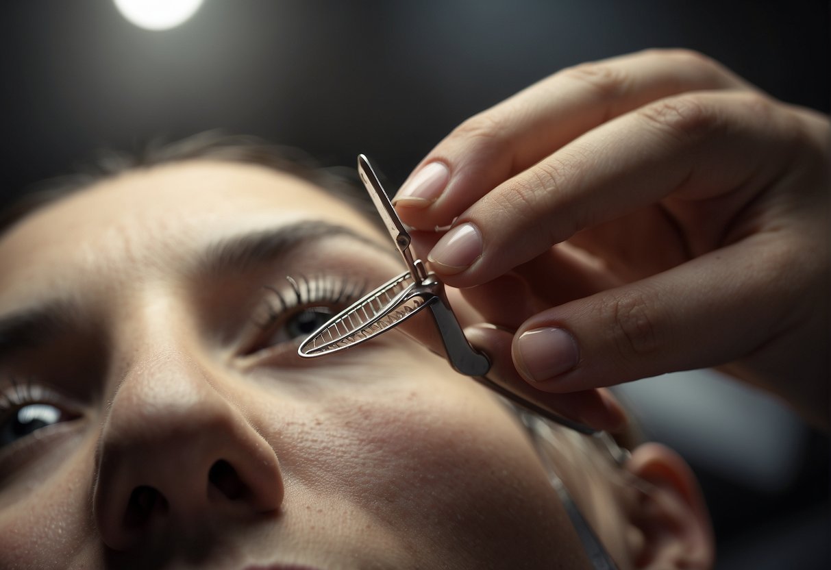A pair of tweezers delicately removes a dermal piercing from the skin