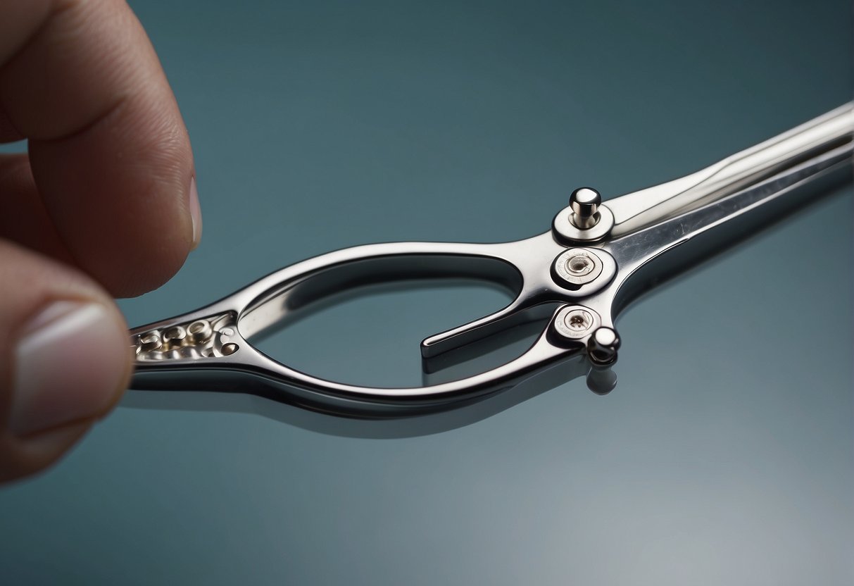 A pair of sterilized forceps gripping the back dermal piercing as it is carefully lifted and removed from the skin