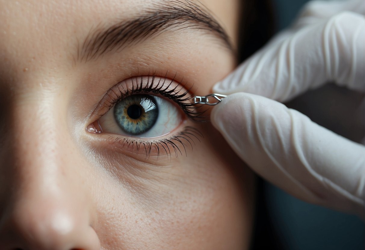 A pair of tweezers delicately removes a dermal piercing from the skin, revealing the small base beneath