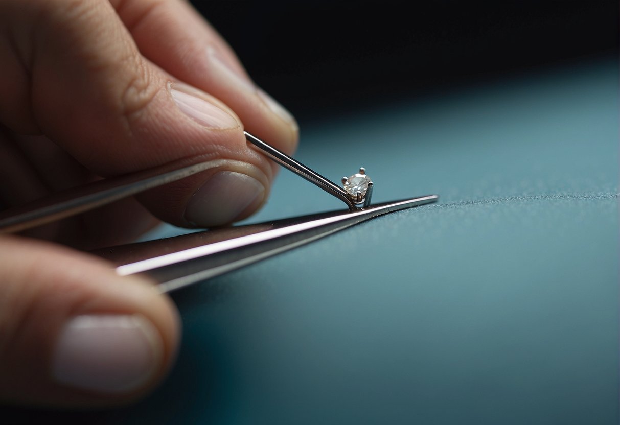 A hand holding a pair of tweezers, pulling out a dermal piercing from the back. Instructions or steps on a nearby paper