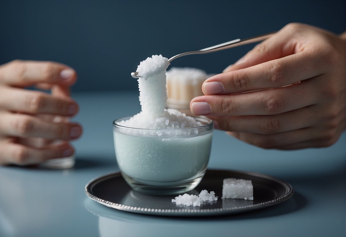 A hand holding a saline solution, a clean cotton swab, and a gentle soap next to a dermal piercing. A small dish with sea salt and warm water sits nearby