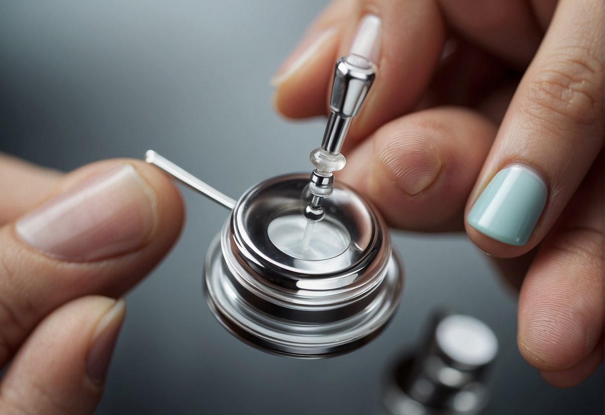 A close-up of a dermal piercing being cleaned with saline solution, surrounded by gentle, non-abrasive materials for aftercare